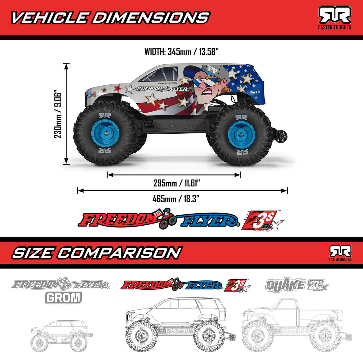 ARRMA Freedom Flyer 223S (1/10 RTR Brushless Monster Truck) Übersicht und Vergleich Abmessungen