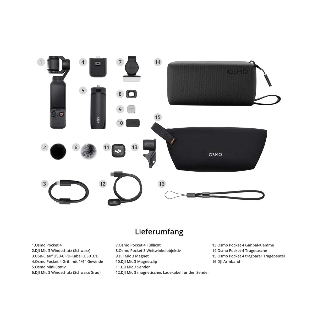 DJI Osmo Pocket 4 Creator Combo – 1″ CMOS, 4K/240fps Übersicht Lieferumfang mit Aufzählung
