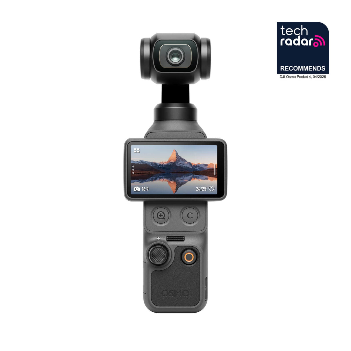 DJI Osmo Pocket 4 – 1" CMOS Gimbal-Kamera Ansicht von vorne mit Display im Querformat