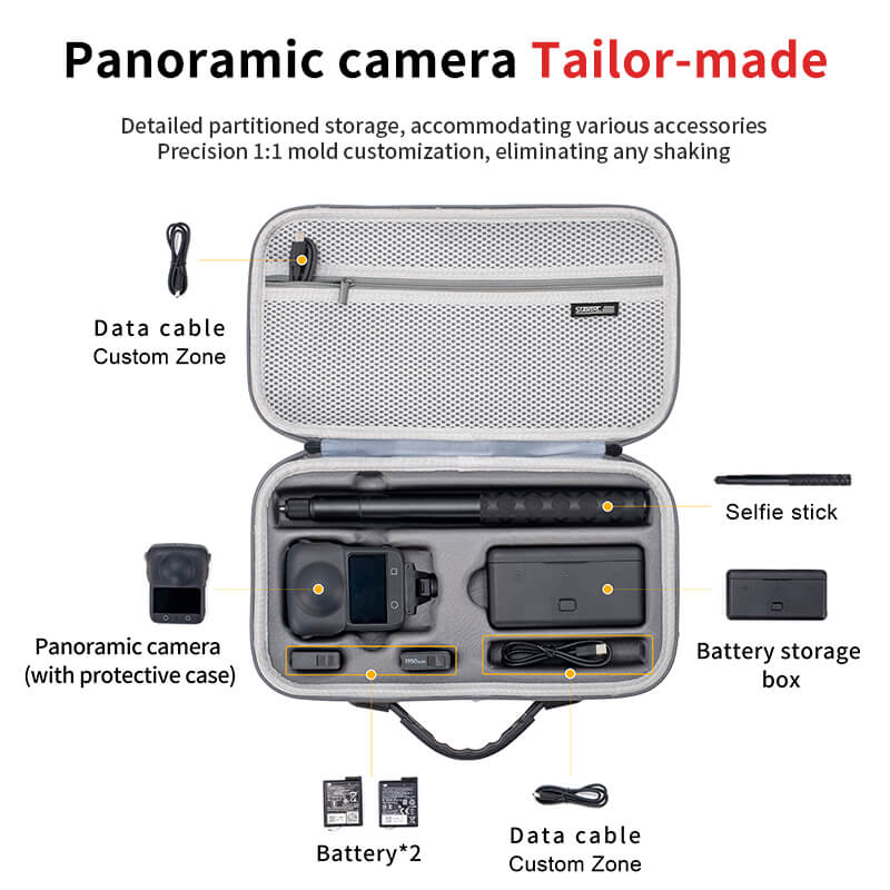 STARTRC DJI Osmo 360 Tasche Adventure Combo Innenansicht mit Beschreibung was reinpasst