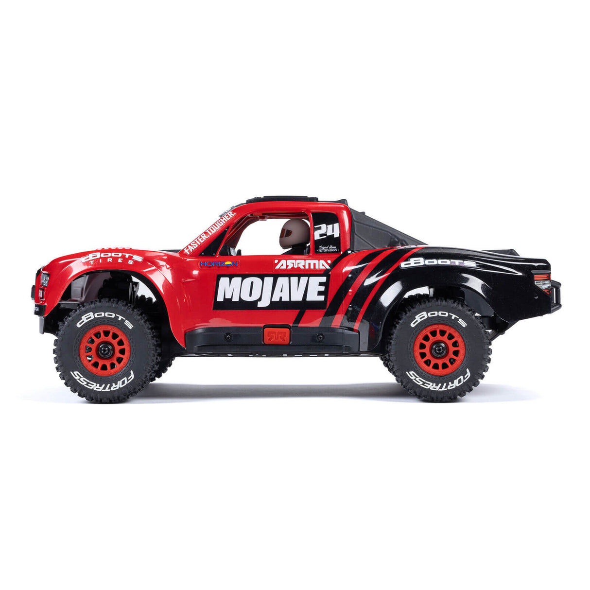 ARRMA Mojave Grom MEGA 380 Brushed 4X4 RC Desert Truck Seitenansicht leicht erhöht – Karosserie, Reifen und Stoßdämpfer sichtbar
