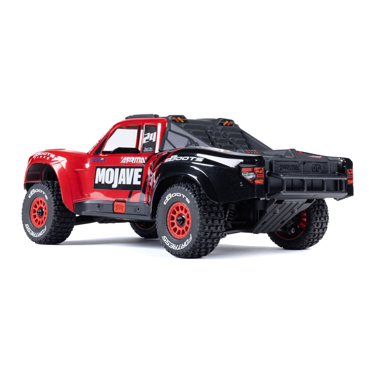 ARRMA Mojave Grom MEGA 380 Brushed 4X4 RC Desert Truck Seitenansicht – montierte Karosserie, Reifen und Stoßdämpfer sichtbar