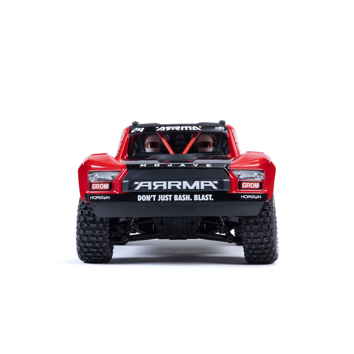ARRMA Mojave Grom 1:16 RC Desert Truck Frontalaufnahme mit sichtbarem Frontstoßfänger, Grill und Fahrerhelm‑Details