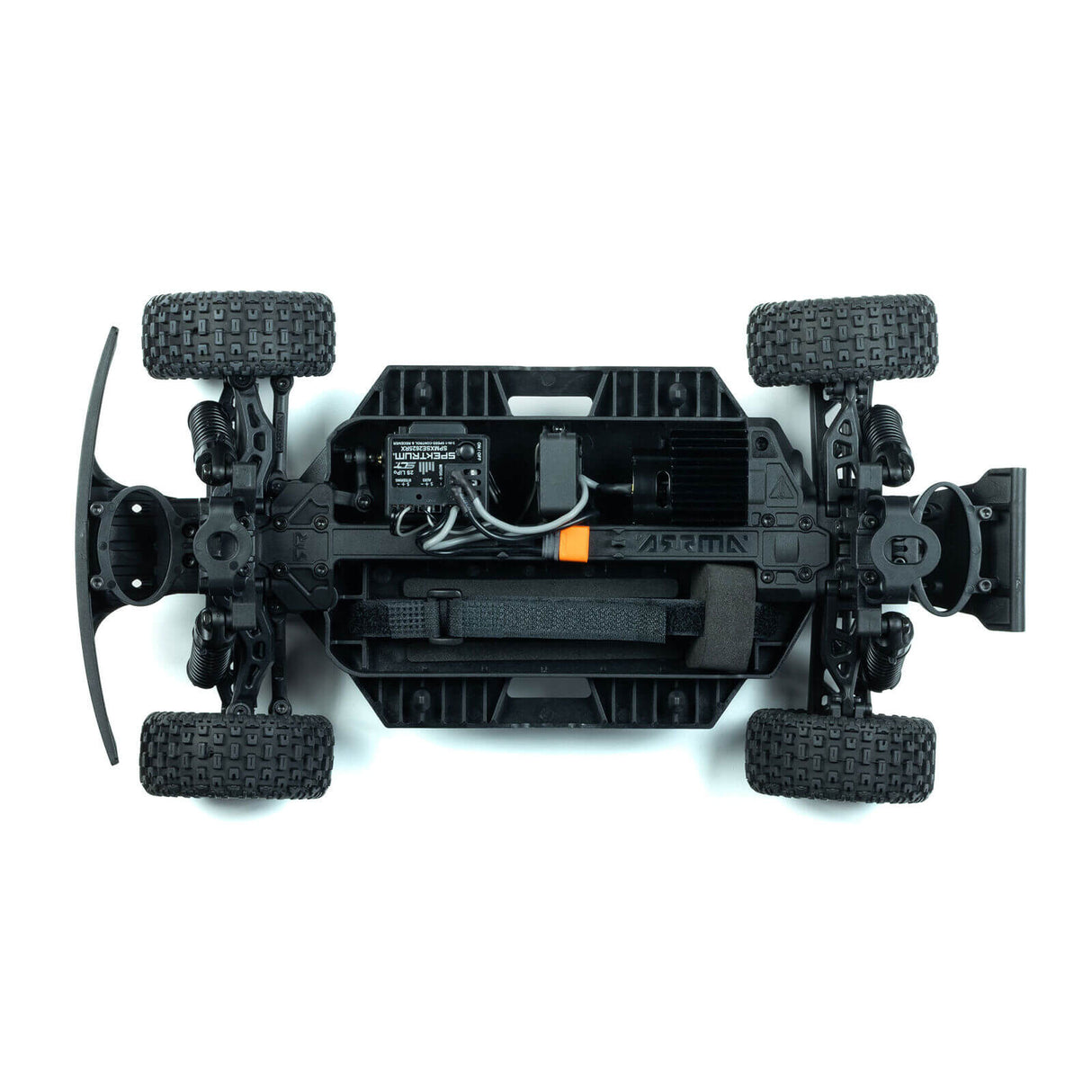 ARRMA Mojave Grom 1:16 RC Desert Truck Chassis Draufsicht – Motor, Elektronik und Akkuhalterung sichtbar