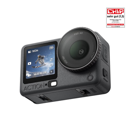 DJI Osmo Action 6 Adventure Combo – Action-Cam mit 3 Akkus Kamera Ansicht Schräg vorne