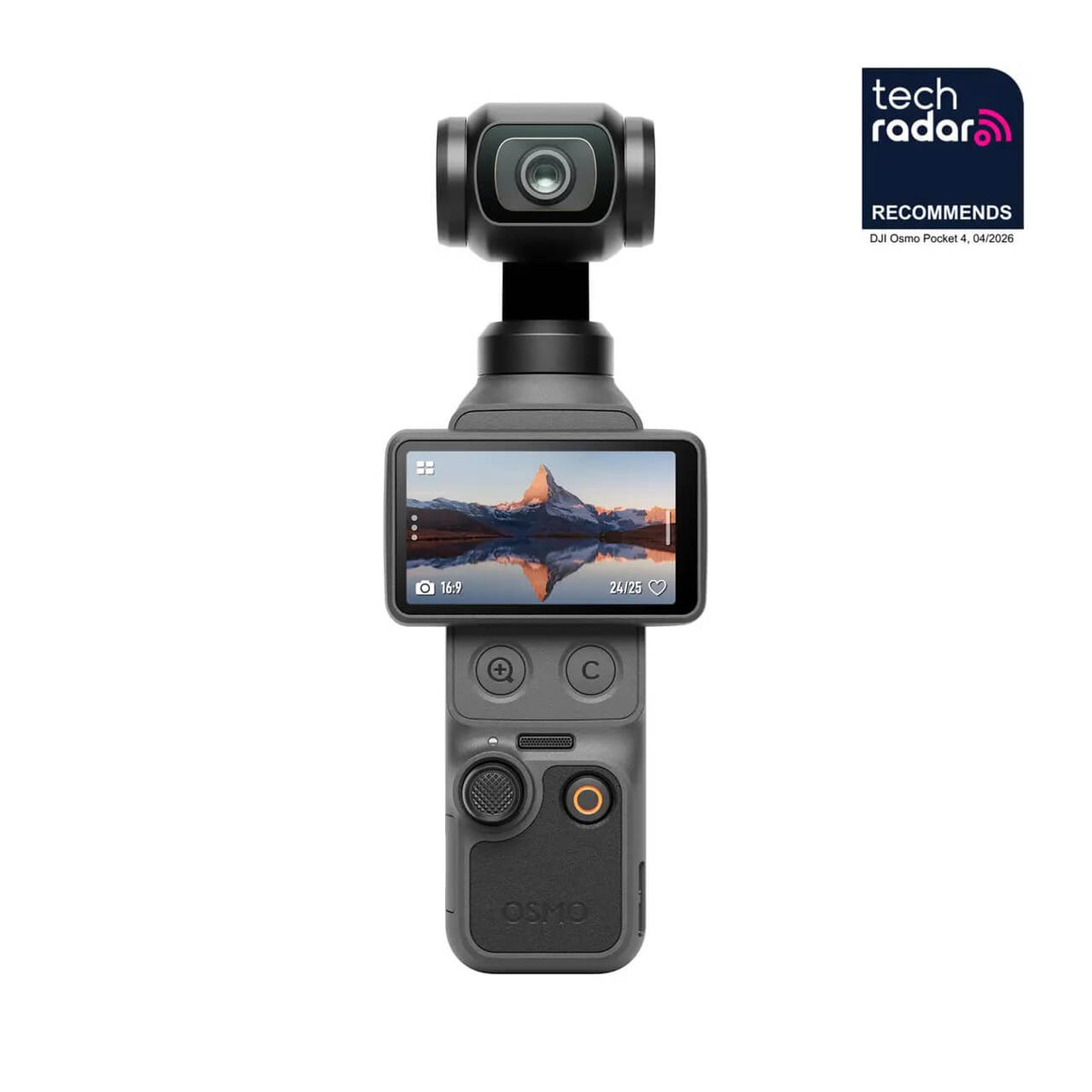 DJI Osmo Pocket 4 Creator Combo – 1″ CMOS, 4K/240fps Ansicht von Vorne mit Display in horizontaler Stellung