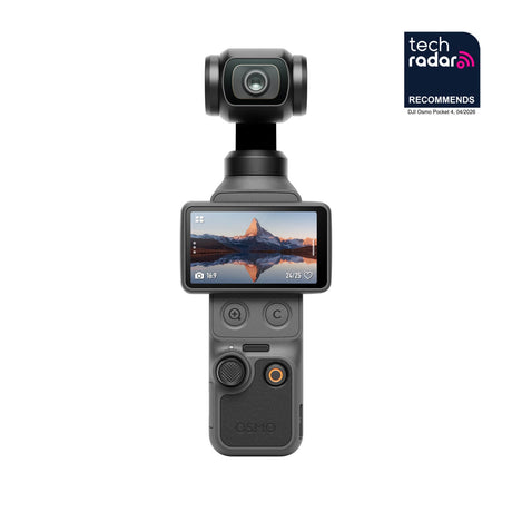 DJI Osmo Pocket 4 – 1" CMOS Gimbal-Kamera Ansicht von vorne mit Display im Querformat